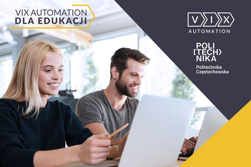 grfika ozdobnikowa, uśmiechnięci młodzi ludzie przed laptopami, tekst:VIX Automation dla Edukacji