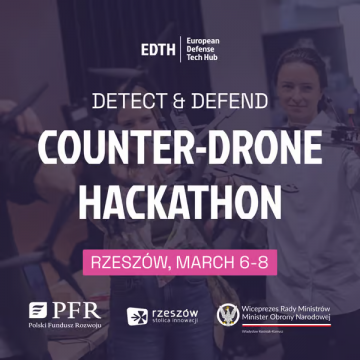 plakat, tekst: Hackathon Detect & Defend – Rzeszów | 6–8 marca, grafika ozdobnkowa