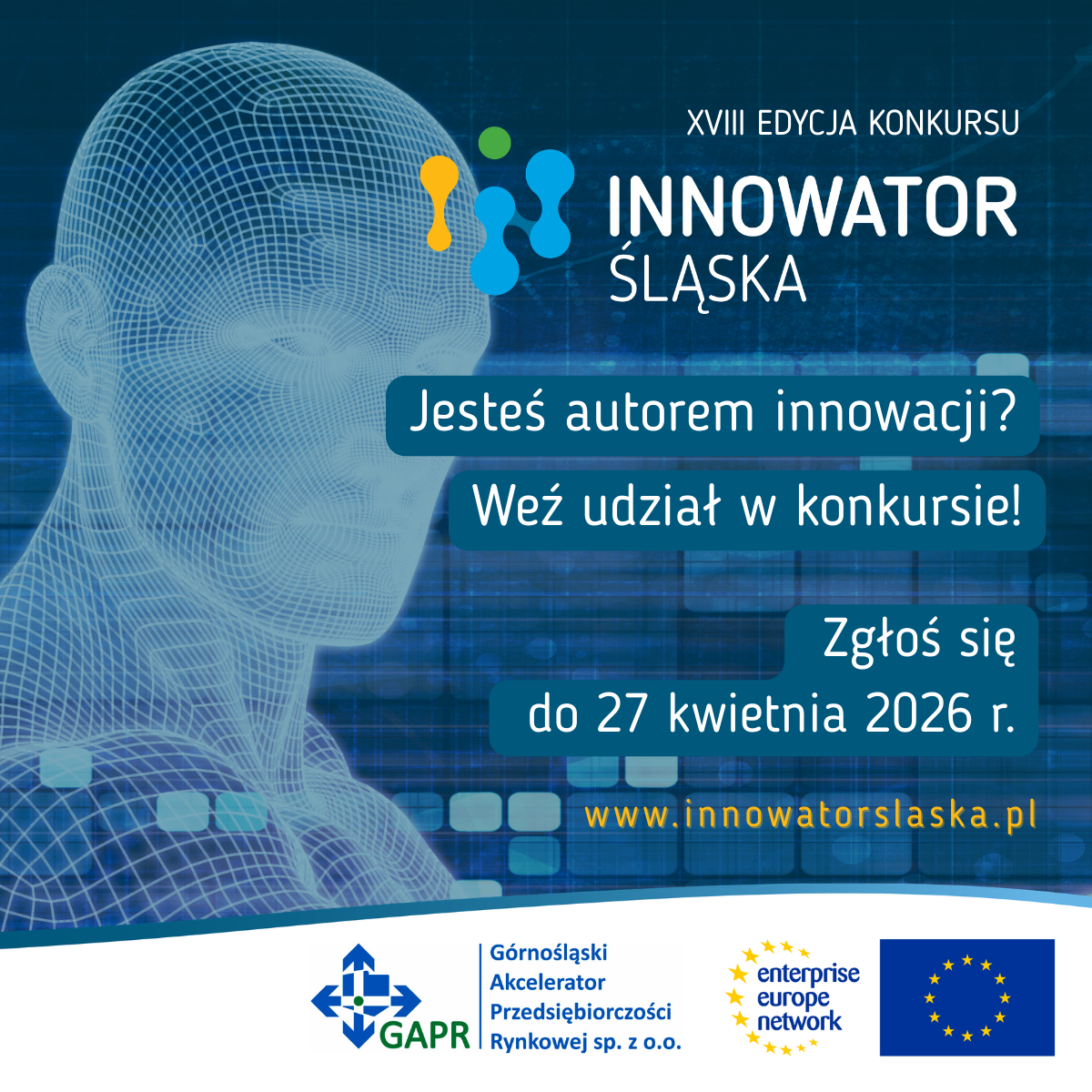 grafika ozdobnikowa, tekst: Innowator Śląska, 18. edycja konkursu, Jesteś autorem innowacji? WEź udział w konkursie! zgłoś się do 27 kwietnia 2026 r.