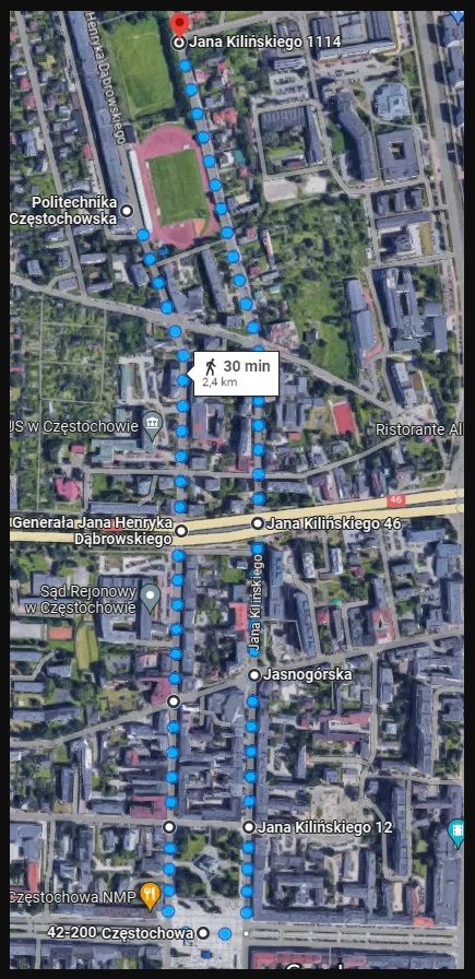 mapka z zaznaczonym przejściem pochodu studentów przez miasto