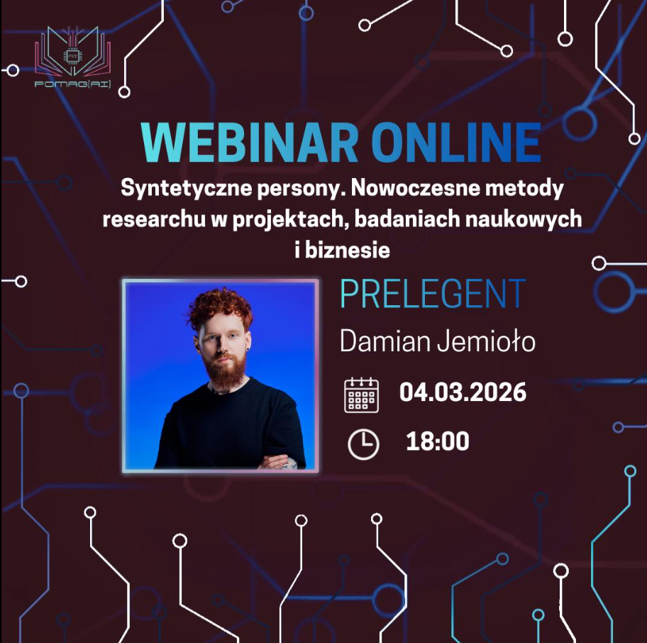 grafika ozdobnikowa, tekst:Syntetyczne persony. Nowoczesne metody researchu w projektach, badaniach naukowych i biznesie, Damian Jemioło, 4 marca (środa), godz. 18:00, Webinar Online