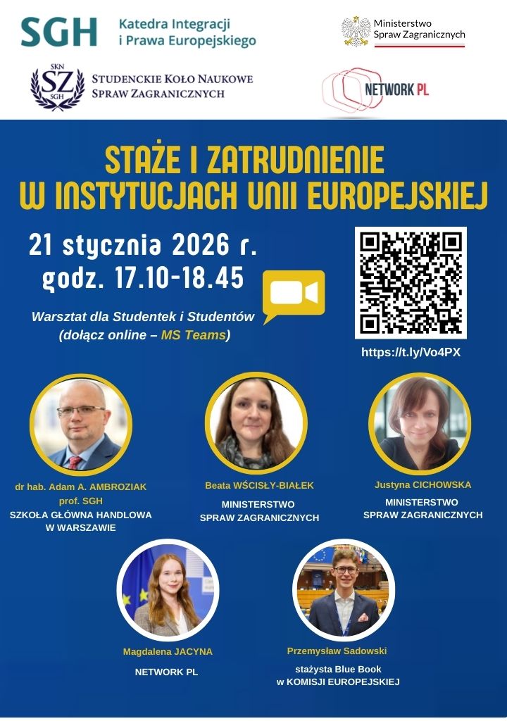 plakat, grafika ozdobnikowa, tekst: Staże oraz możliwości zatrudnienia w instytucjach UE