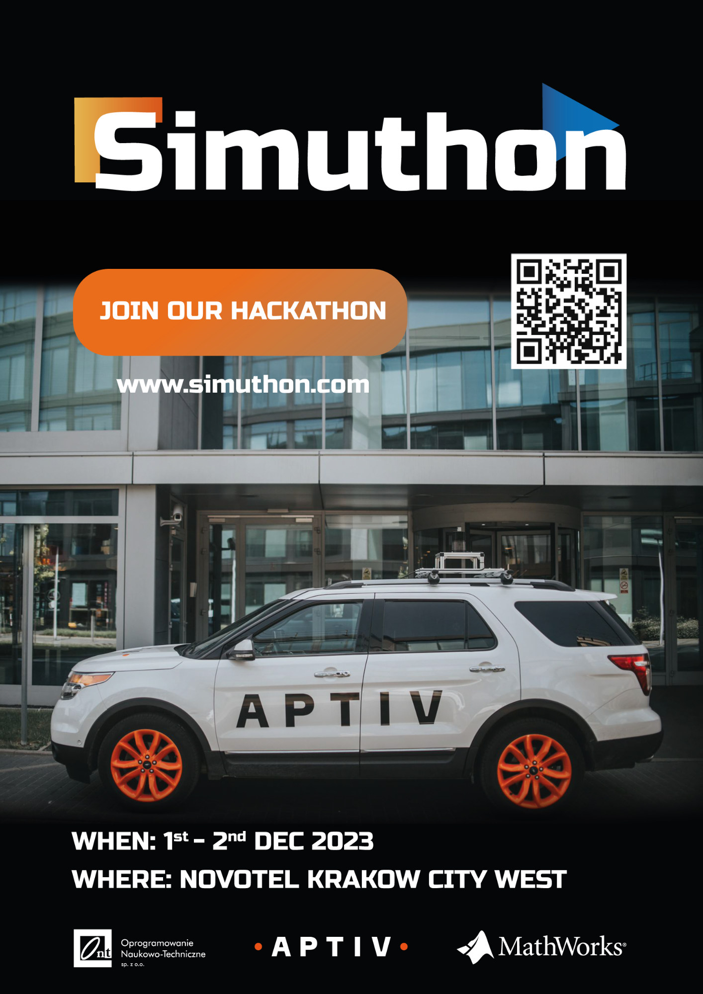 Simuthon, plakat, grafika ozdobnikowa, tekst:join our hackathon. 1-2 Dec 2023, Novotel Krakow City West 