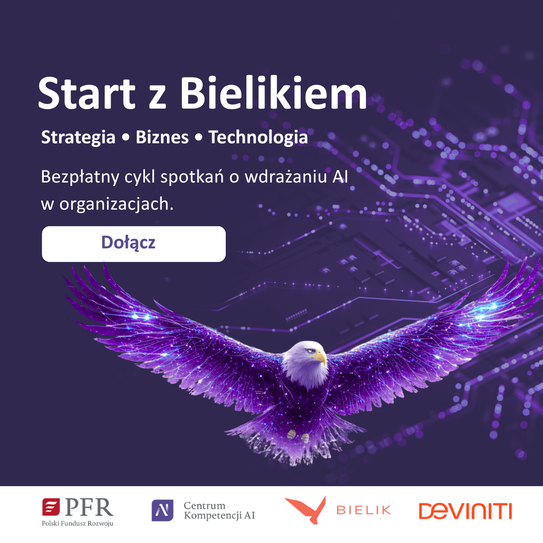 grafika ozdobnikowa, Orzeł na tle układu scalonego, tekst: Start z Bielikiem | Strategia, biznes i technologia. Bezpłatny cykl spotkań o wdrażaniu AI w organizacjach.