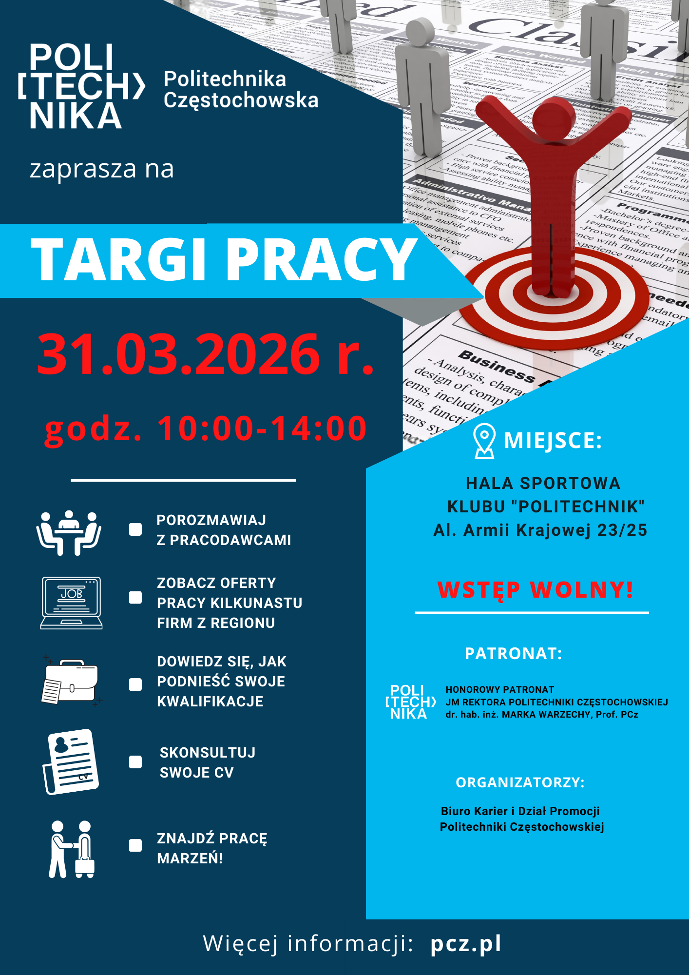 grfik ozdobnikowa, tekst: Targi pracy, 31 marca 2026 r. godz. 10-14, porozmaiwaj z pracowdawcami, zobacza oferty, dowiedz się, jak podnieść kwalifikacje, skonsultuj CV, znajdź pracę,