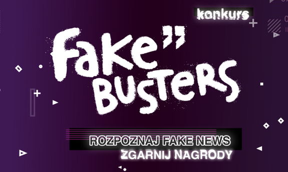 grafika ozdobnikowa, tekst: Konkurs „Fake Busters” – odpowiedź na dezinformację