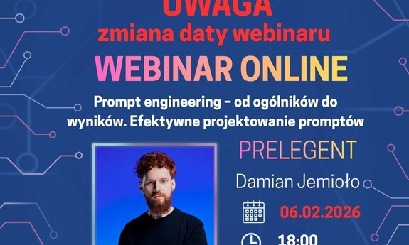 grafika ozdobnikowa, tekst:Bezpłatny webinar organizowany w ramach projektu społecznego Pomag(AI)