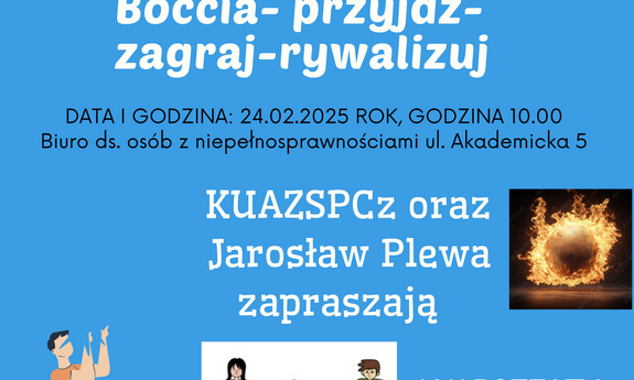 grafika ozdobnikowa, boccia,plakat, tekst:  Boccia - przyjdź - zagraj - rywalizuj, 24.02.2025 r., godz. 10.00, BON, ul. Akademicka 5 