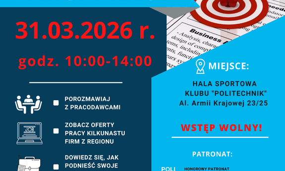 grfik ozdobnikowa, tekst: Targi pracy, 31 marca 2026 r. godz. 10-14, porozmaiwaj z pracowdawcami, zobacza oferty, dowiedz się, jak podnieść kwalifikacje, skonsultuj CV, znajdź pracę,