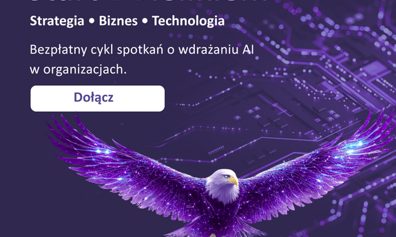 grafika ozdobnikowa, Orzeł na tle układu scalonego, tekst: Start z Bielikiem | Strategia, biznes i technologia. Bezpłatny cykl spotkań o wdrażaniu AI w organizacjach.