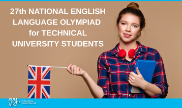 grafika ozdobnikowa, tekst: 27th National English Language Olympiad for Technical University Students, osoba z brytyjską flagą.
