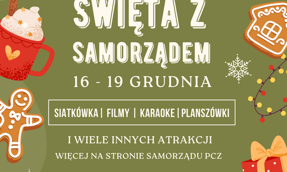 grafika ozdobnikowa, tekst: plakat, grafika ozdobnikowa, tekst: Zapraszamy na Święta z Samorządem 16-19 grudnia, siatkówka, filmy, karaoke, planszówki