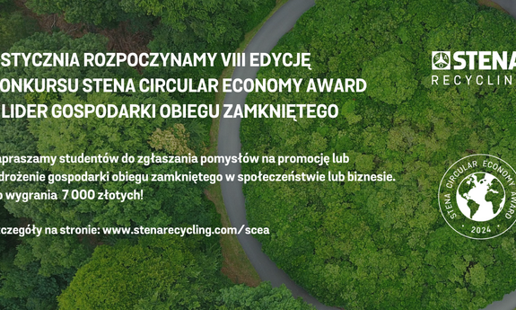 grafika ozdobnikowa, tekst: już 7 stycznia 2025 roku rozpocznie się przyjmowanie zgłoszeń do VIII edycji konkursu Stena Circular Economy Award – Lider Gospodarki Obiegu Zamkniętego (SCEA). To pierwsza w Polsce inicjatywa nagradzająca studentów, którzy mają pomysł na wprowadzenie cyrkularnych rozwiązań do biznesu i społeczeństwa (GOZ) oraz przedsiębiorstwa wdrażające rozwiązania GOZ.      