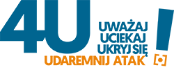 grafika ozdobnikowa, tekst: 4U, uważaj, uciekaj, ukryj się, udaremnij atak.
